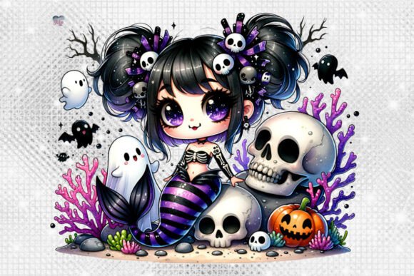 Embrace the Dark Whimsy: Chibi Goth Mermaid PNG Summerween